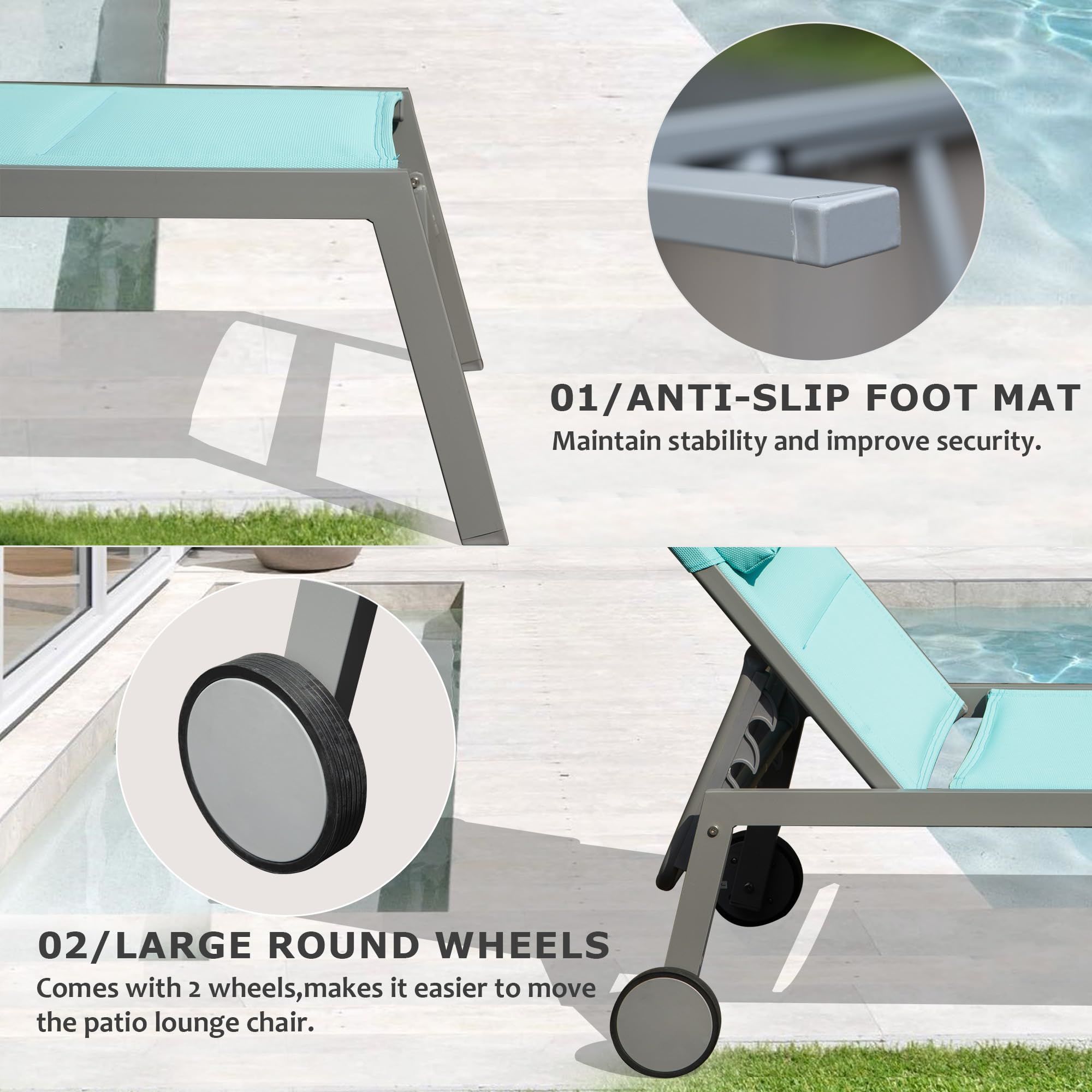Outdoor Patio Chaise Lounge Set of 3, Aluminum Pool Lounge Chairs with and Wheels, Textilene Padded Adjustable Recliner All Weather for Poolside, Beach, Yard, Balcony (Lake Blue) Doba